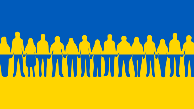 Kuvituskuva Ukrainan väreissä oleva ihmisrivi