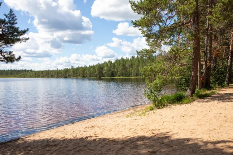 Saarijärven uimaranta. Etualalla hiekkaranta, jossa isoja puita. Taka-alalla järvi ja metsää. Sää on puolipilvinen. 