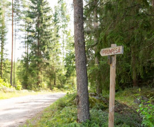 Keskikylä-Pirunpesä luontopolku. Taka-alalla leveä soratie. Etualalla on tien suuntaan puinen viitta, jossa lukee "Pirunpesä".